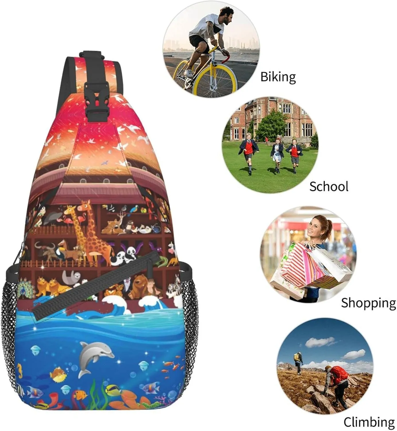 Crossbody Sling Backpack Sling Bag Chest Bag Shoulder Bag Travel Hiking Daypack For Men Women-Animals On Noah'S Ark