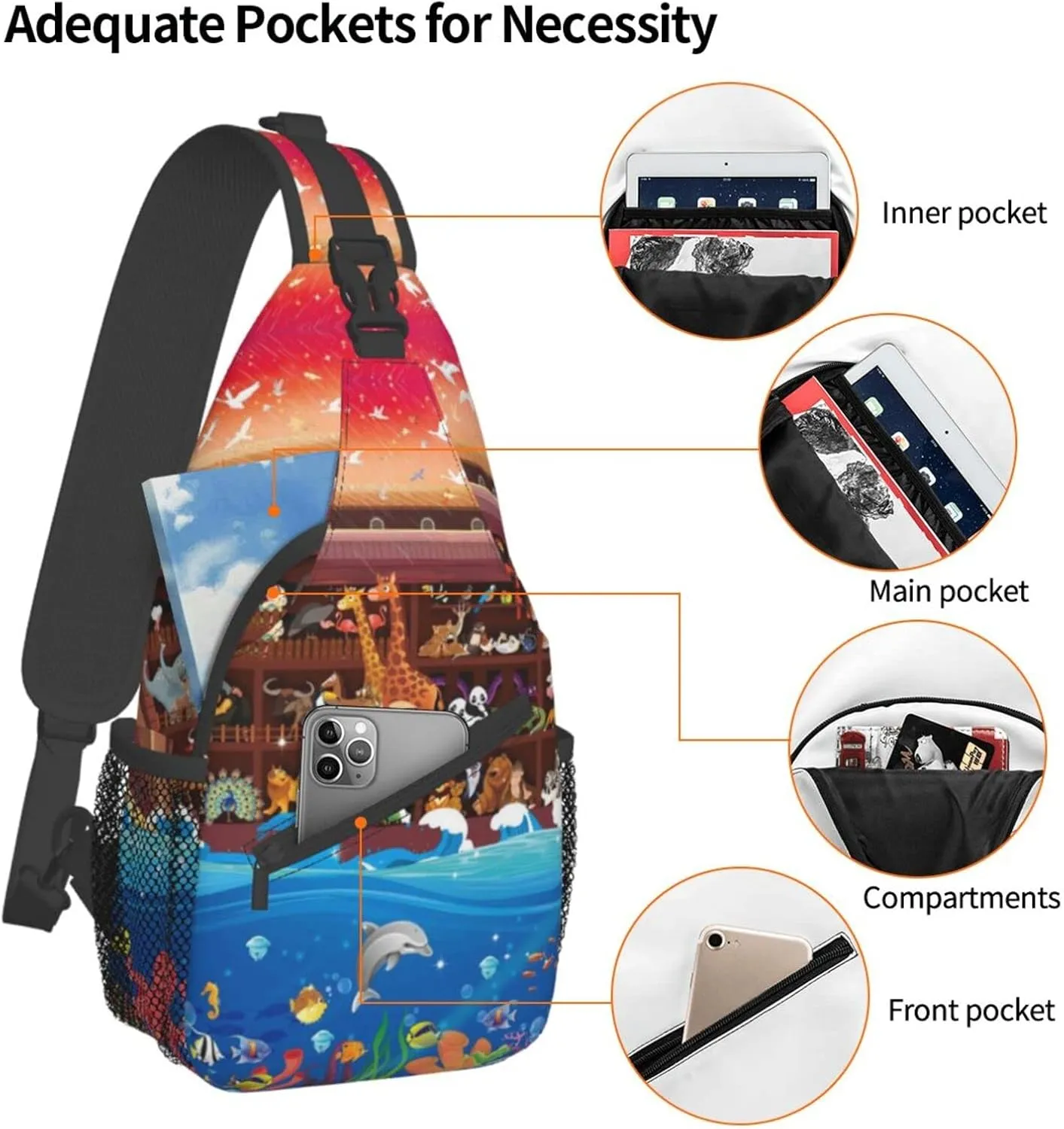 Crossbody Sling Backpack Sling Bag Chest Bag Shoulder Bag Travel Hiking Daypack For Men Women-Animals On Noah'S Ark