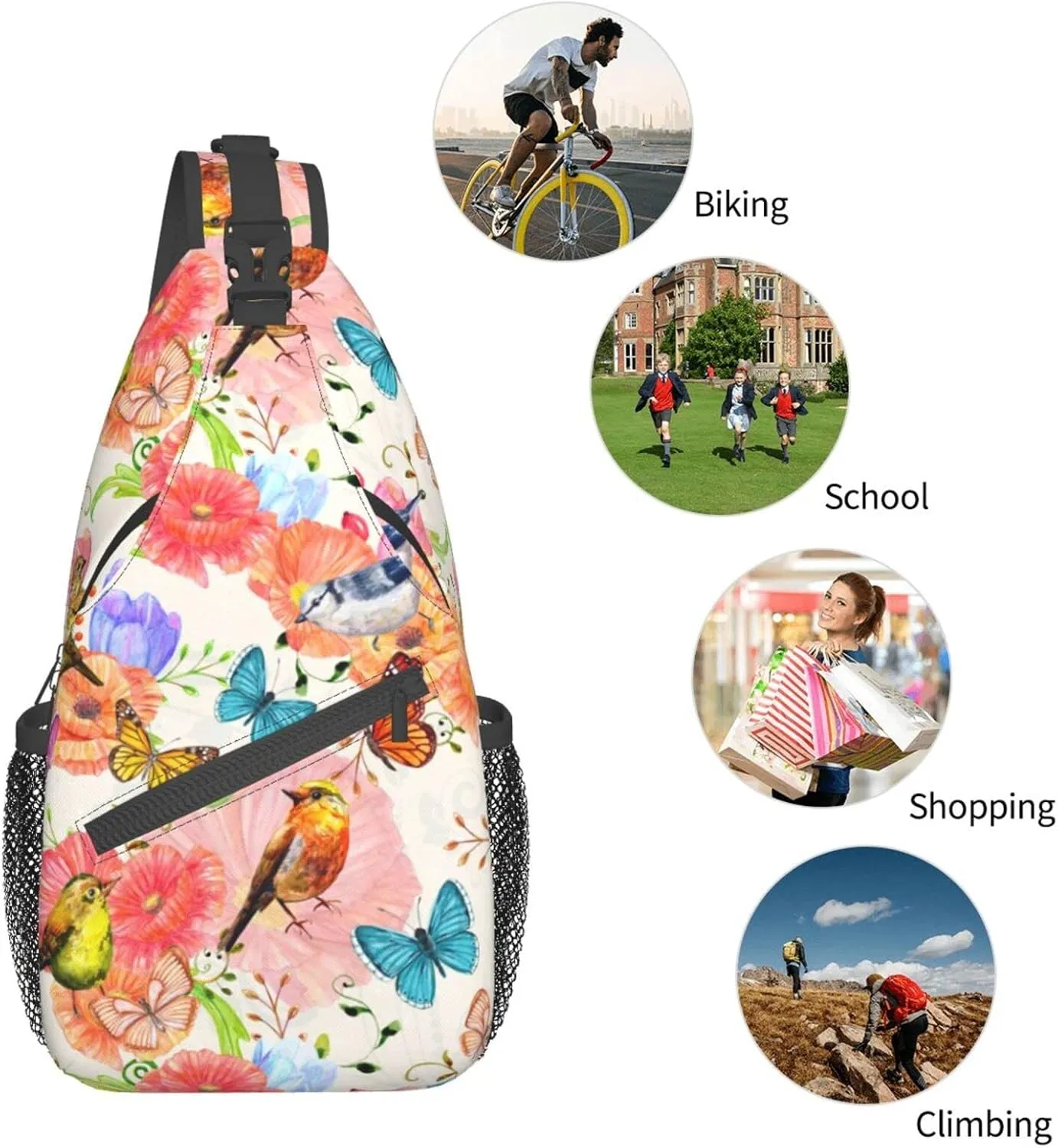 Crossbody Sling Backpack Sling Bag Chest Bag Shoulder Bag Travel Hiking Daypack For Men Women-Flowers And Birds Watercolor