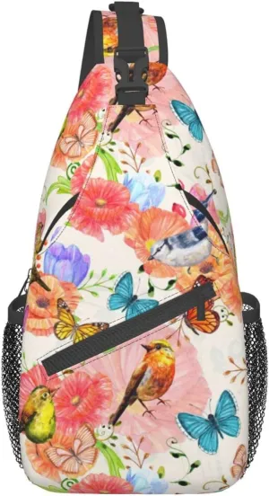 Crossbody Sling Backpack Sling Bag Chest Bag Shoulder Bag Travel Hiking Daypack For Men Women-Flowers And Birds Watercolor