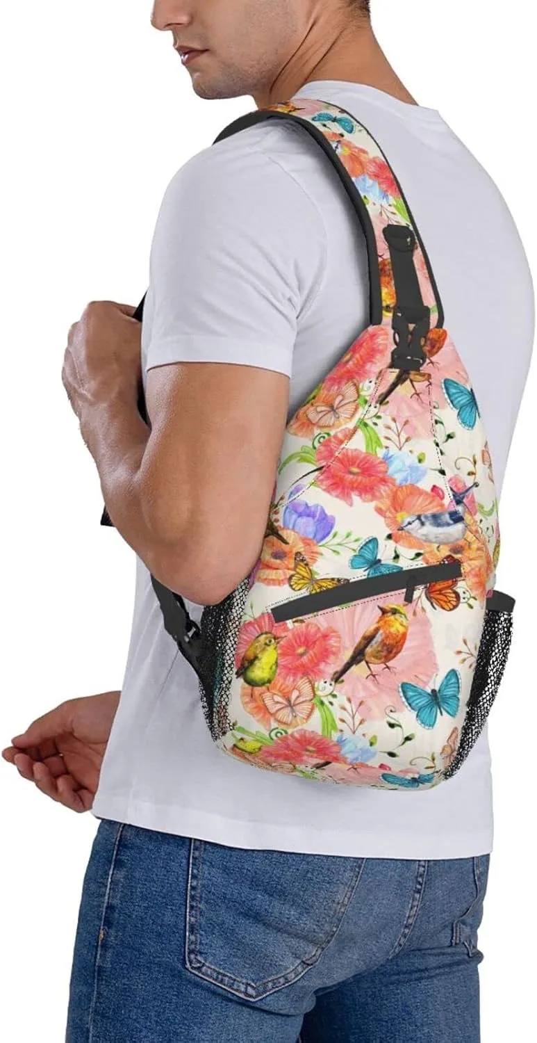 Crossbody Sling Backpack Sling Bag Chest Bag Shoulder Bag Travel Hiking Daypack For Men Women-Flowers And Birds Watercolor