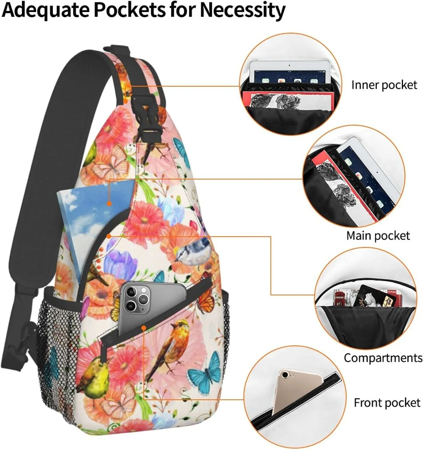 Crossbody Sling Backpack Sling Bag Chest Bag Shoulder Bag Travel Hiking Daypack For Men Women-Flowers And Birds Watercolor