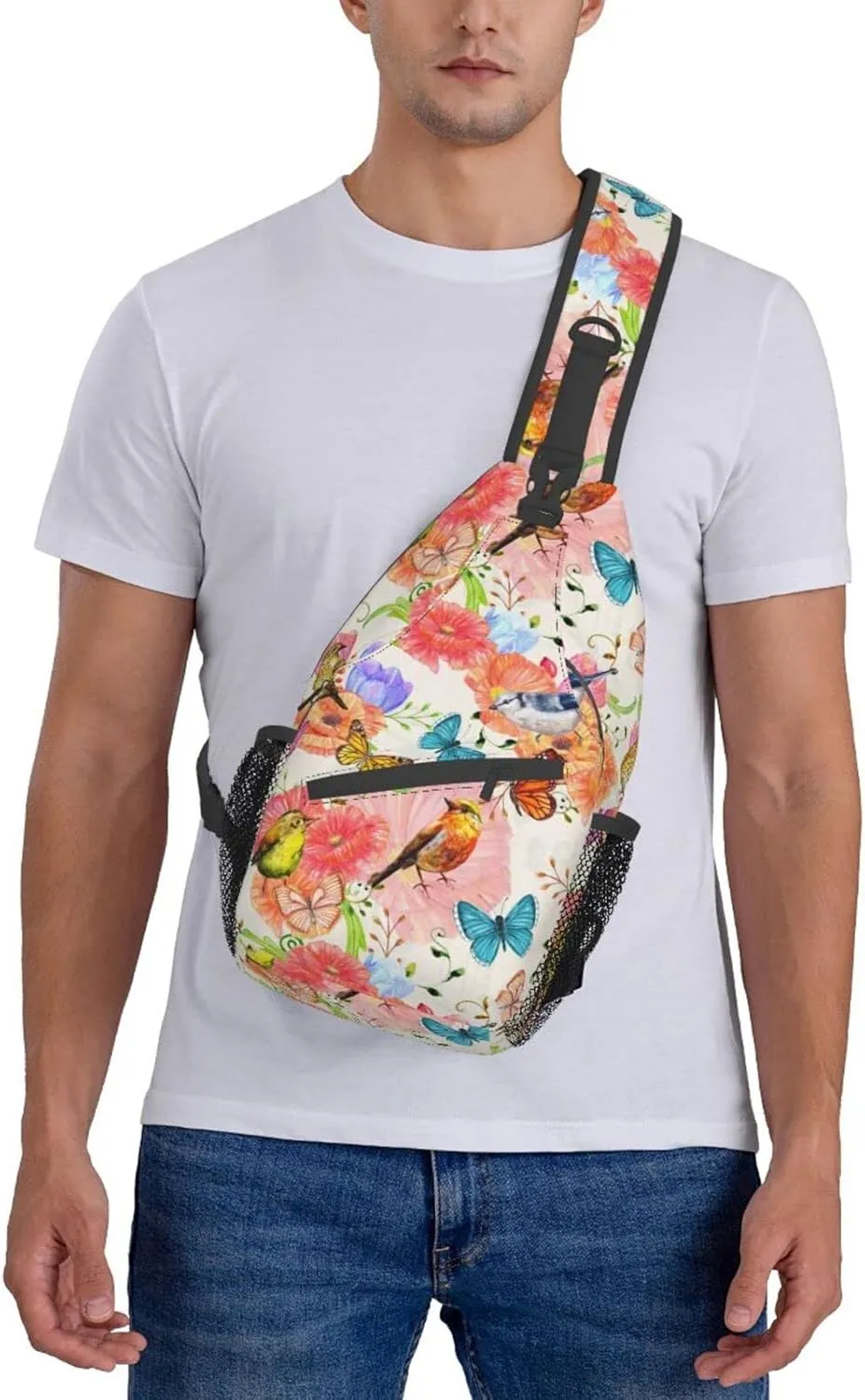 Crossbody Sling Backpack Sling Bag Chest Bag Shoulder Bag Travel Hiking Daypack For Men Women-Flowers And Birds Watercolor