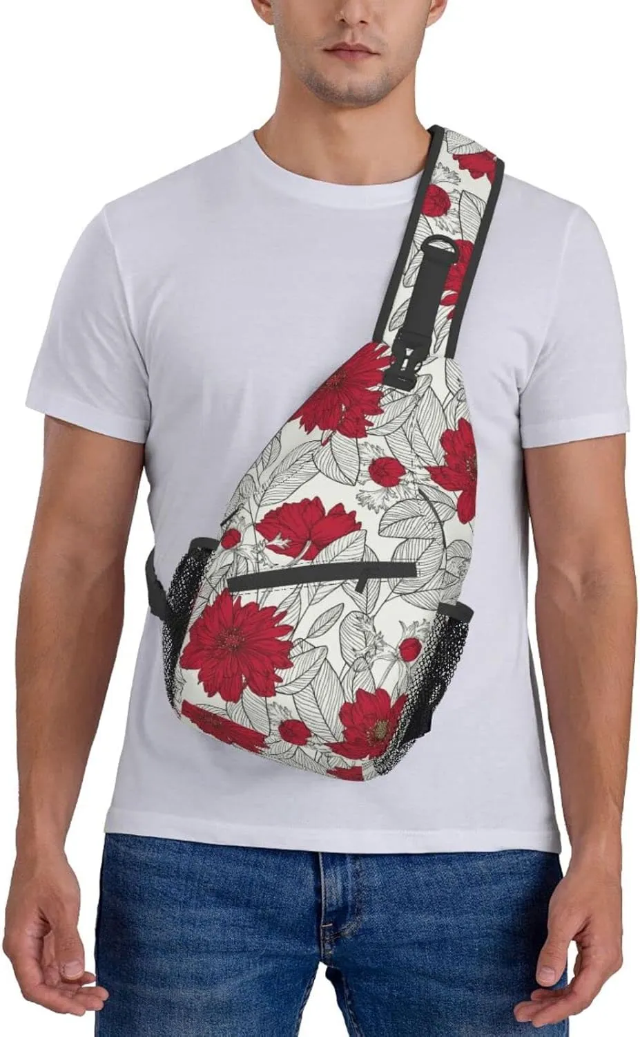 Crossbody Sling Backpack Sling Bag Chest Bag Shoulder Bag Travel Hiking Daypack For Men Women-Leaves And Anemone Flowers In Red Grey
