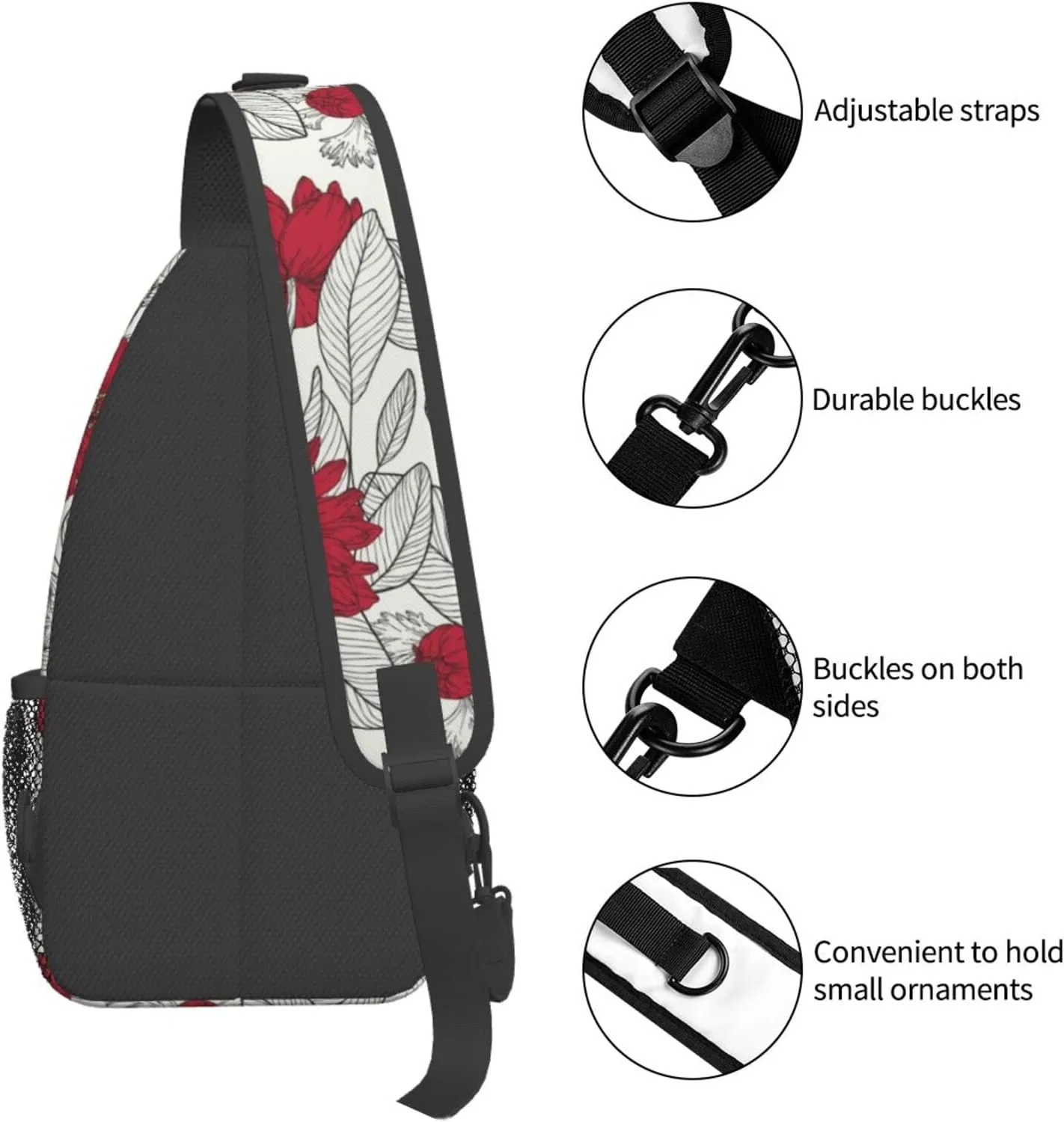 Crossbody Sling Backpack Sling Bag Chest Bag Shoulder Bag Travel Hiking Daypack For Men Women-Leaves And Anemone Flowers In Red Grey