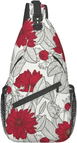 Crossbody Sling Backpack Sling Bag Chest Bag Shoulder Bag Travel Hiking Daypack For Men Women-Leaves And Anemone Flowers In Red Grey