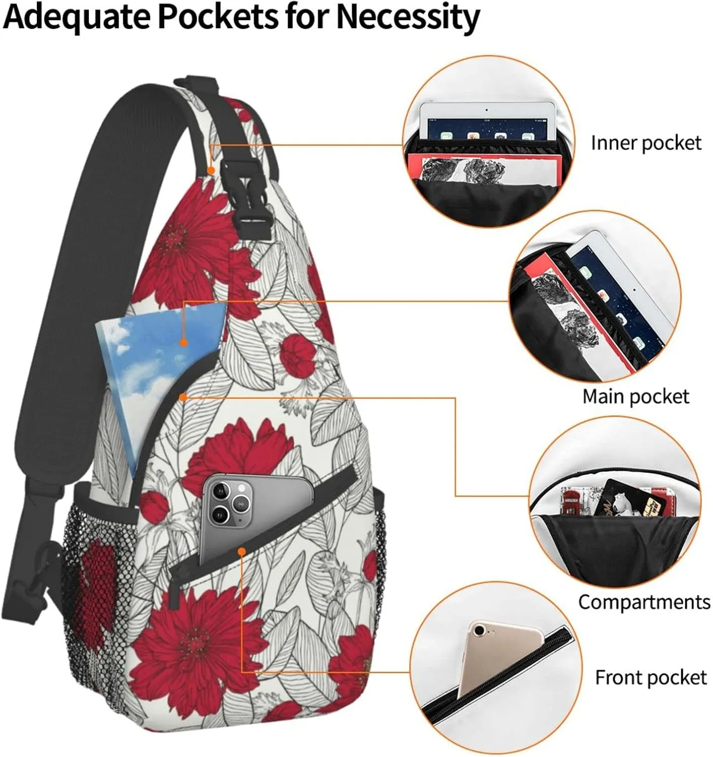 Crossbody Sling Backpack Sling Bag Chest Bag Shoulder Bag Travel Hiking Daypack For Men Women-Leaves And Anemone Flowers In Red Grey