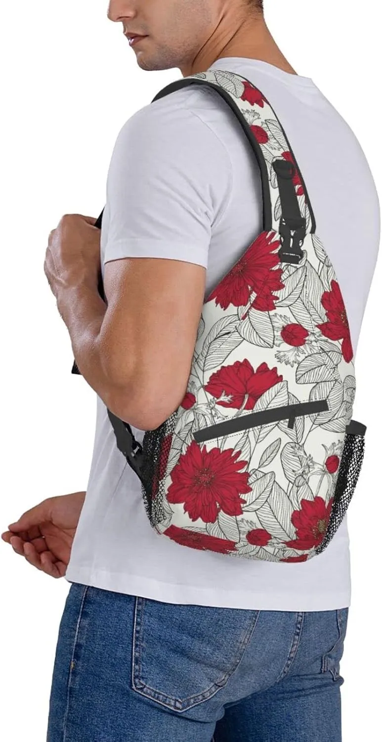 Crossbody Sling Backpack Sling Bag Chest Bag Shoulder Bag Travel Hiking Daypack For Men Women-Leaves And Anemone Flowers In Red Grey