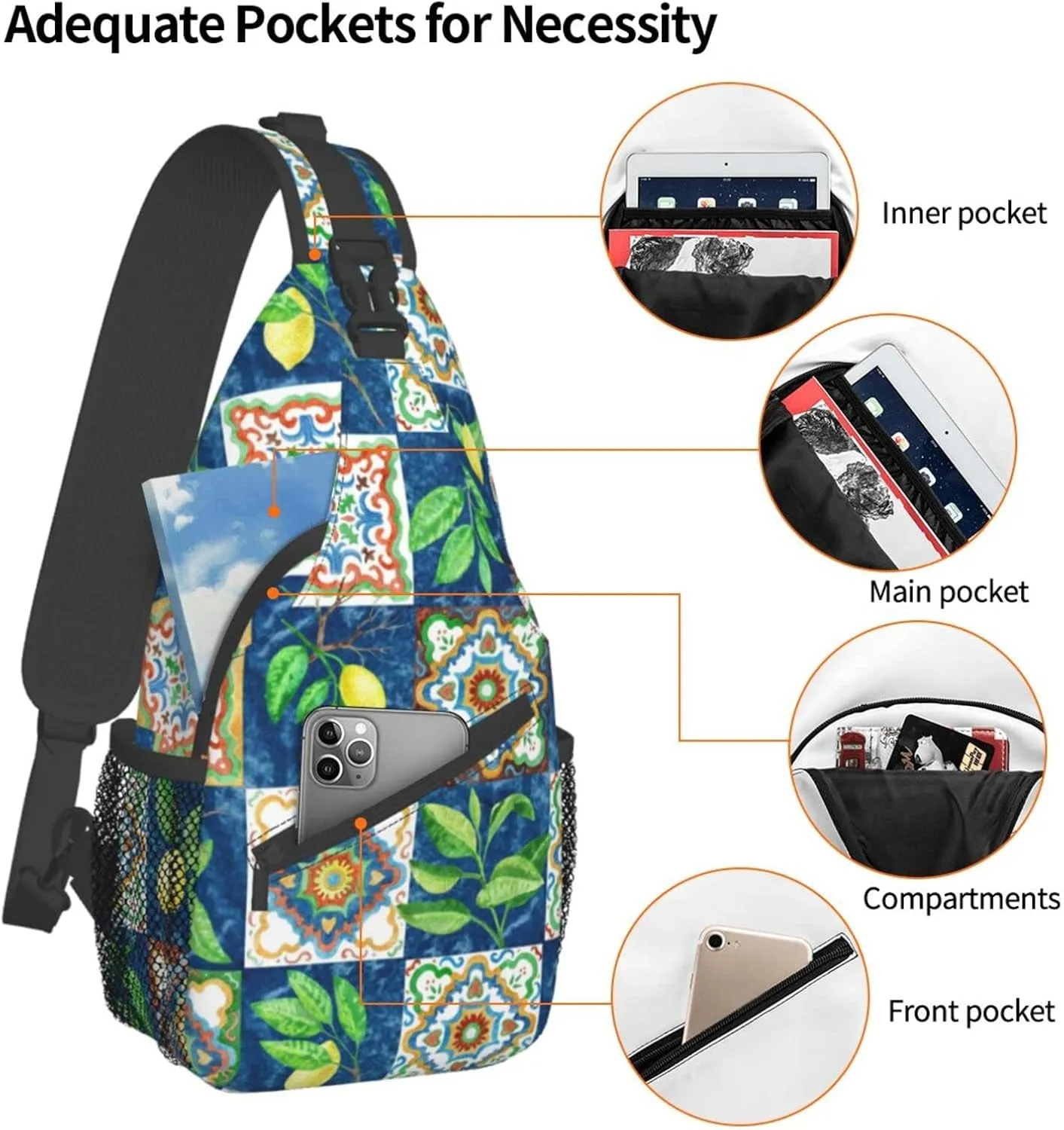 Crossbody Sling Backpack Sling Bag Chest Bag Shoulder Bag Travel Hiking Daypack For Men Women-Lemon And Leaves