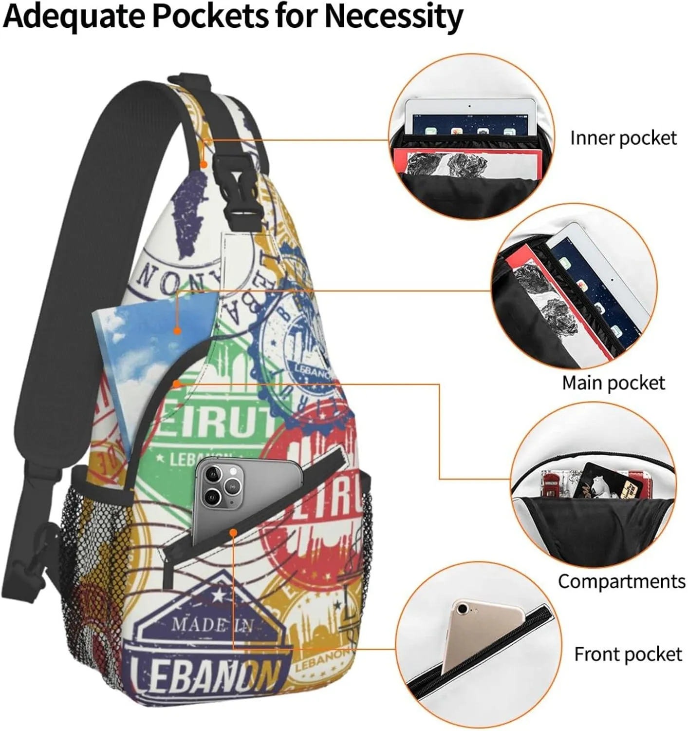 Crossbody Sling Backpack Sling Bag Chest Bag Shoulder Bag Travel Hiking Daypack For Men Women-Travel Stamp