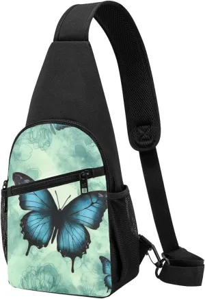 Crossbody Sling Backpack Sling Bag for Men Women Cross Chest Bag Shoulder Bag Blue Butterfly Pattern Travel Hiking Daypack