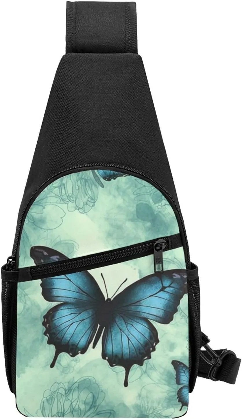 Crossbody Sling Backpack Sling Bag for Men Women Cross Chest Bag Shoulder Bag Blue Butterfly Pattern Travel Hiking Daypack