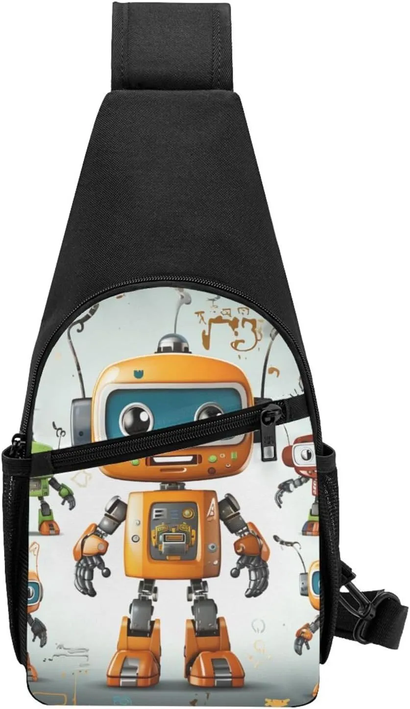 Crossbody Sling Backpack Sling Bag for Men Women Cross Chest Bag Shoulder Bag Cute Cartoon Robots Travel Hiking Daypack