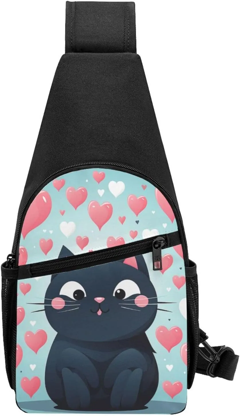 Crossbody Sling Backpack Sling Bag for Men Women Cross Chest Bag Shoulder Bag Cute Heart Cat Travel Hiking Daypack