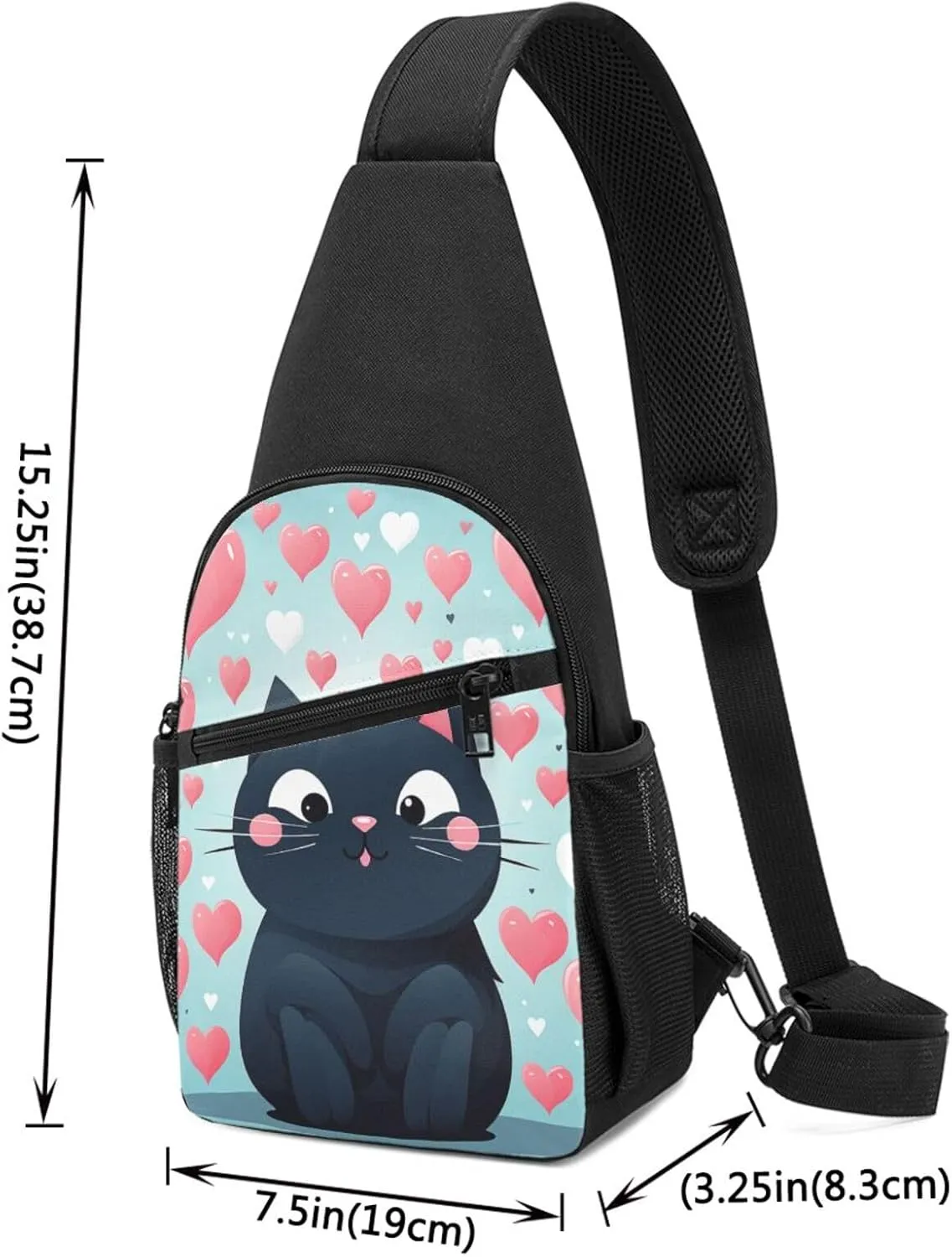 Crossbody Sling Backpack Sling Bag for Men Women Cross Chest Bag Shoulder Bag Cute Heart Cat Travel Hiking Daypack