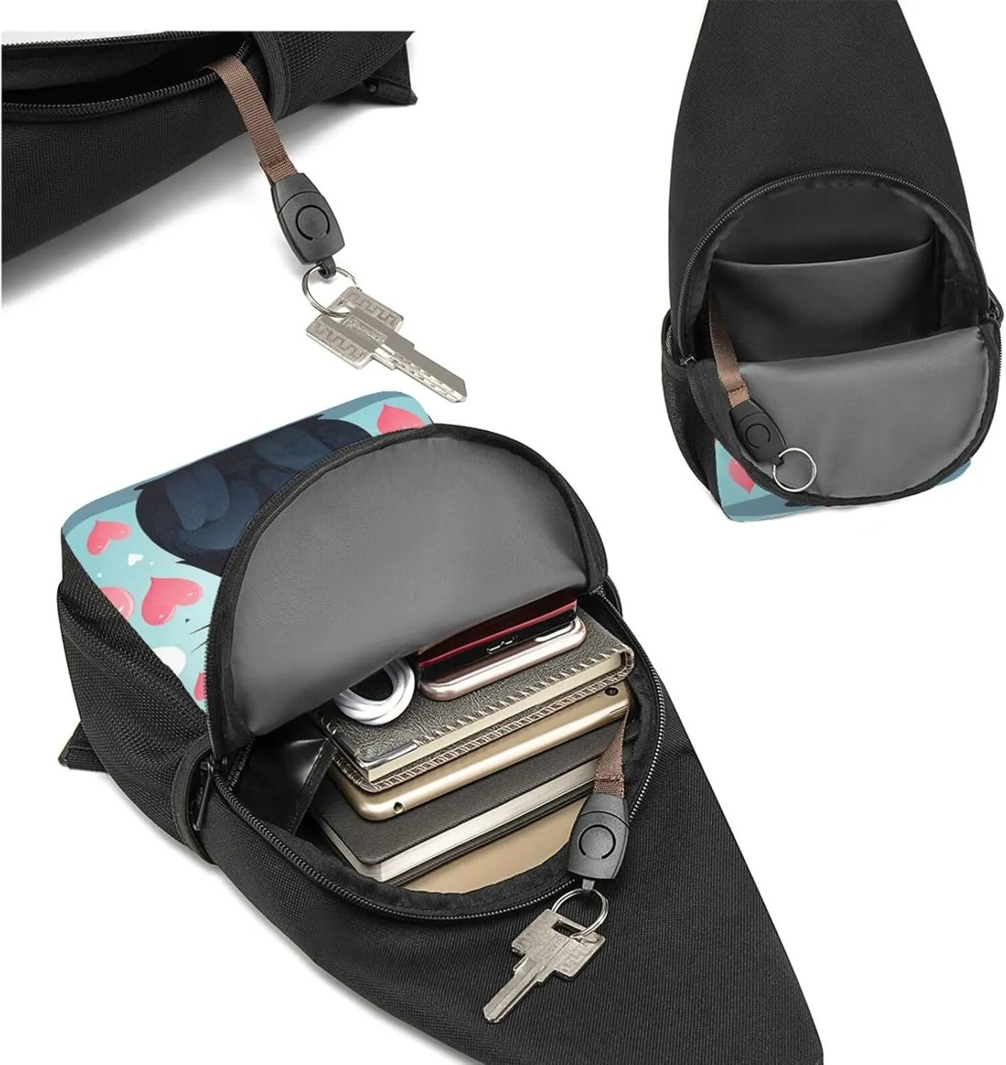 Crossbody Sling Backpack Sling Bag for Men Women Cross Chest Bag Shoulder Bag Cute Heart Cat Travel Hiking Daypack