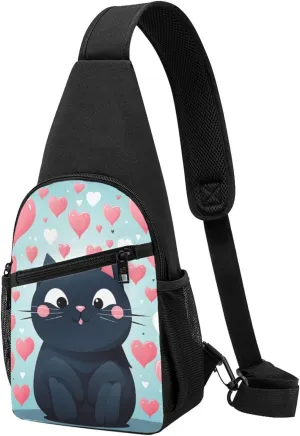 Crossbody Sling Backpack Sling Bag for Men Women Cross Chest Bag Shoulder Bag Cute Heart Cat Travel Hiking Daypack
