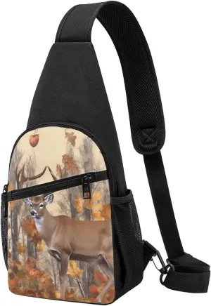 Crossbody Sling Backpack Sling Bag for Men Women Cross Chest Bag Shoulder Bag Deer and acorns with autumn Travel Hiking Daypack