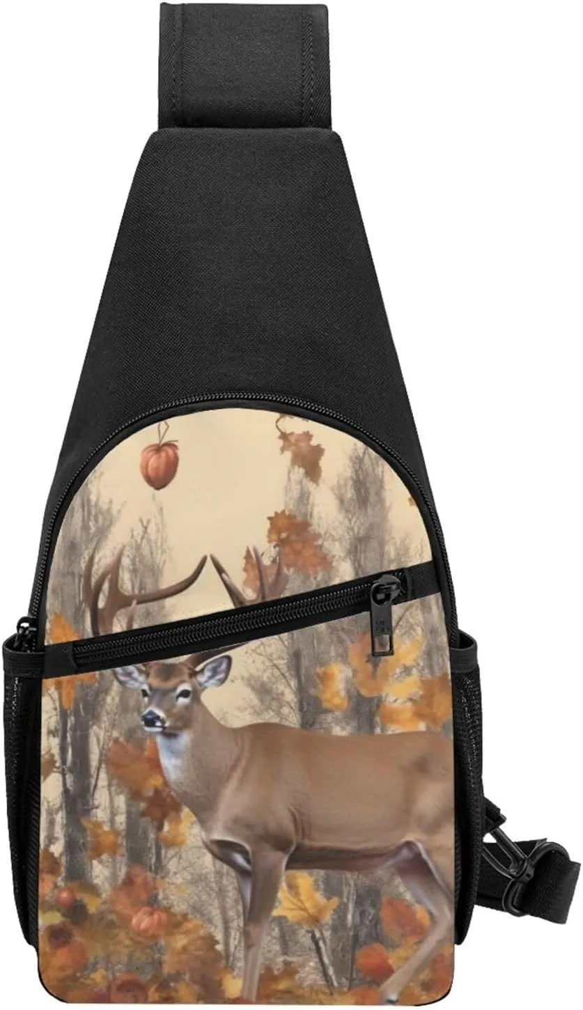 Crossbody Sling Backpack Sling Bag for Men Women Cross Chest Bag Shoulder Bag Deer and acorns with autumn Travel Hiking Daypack