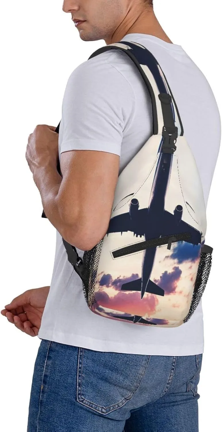Crossbody Sling Bag for Men Women, Aviation Airplane Sunset Sling Backpack Shoulder Chest Bag, Anti Theft Travel Hiking Daypacks