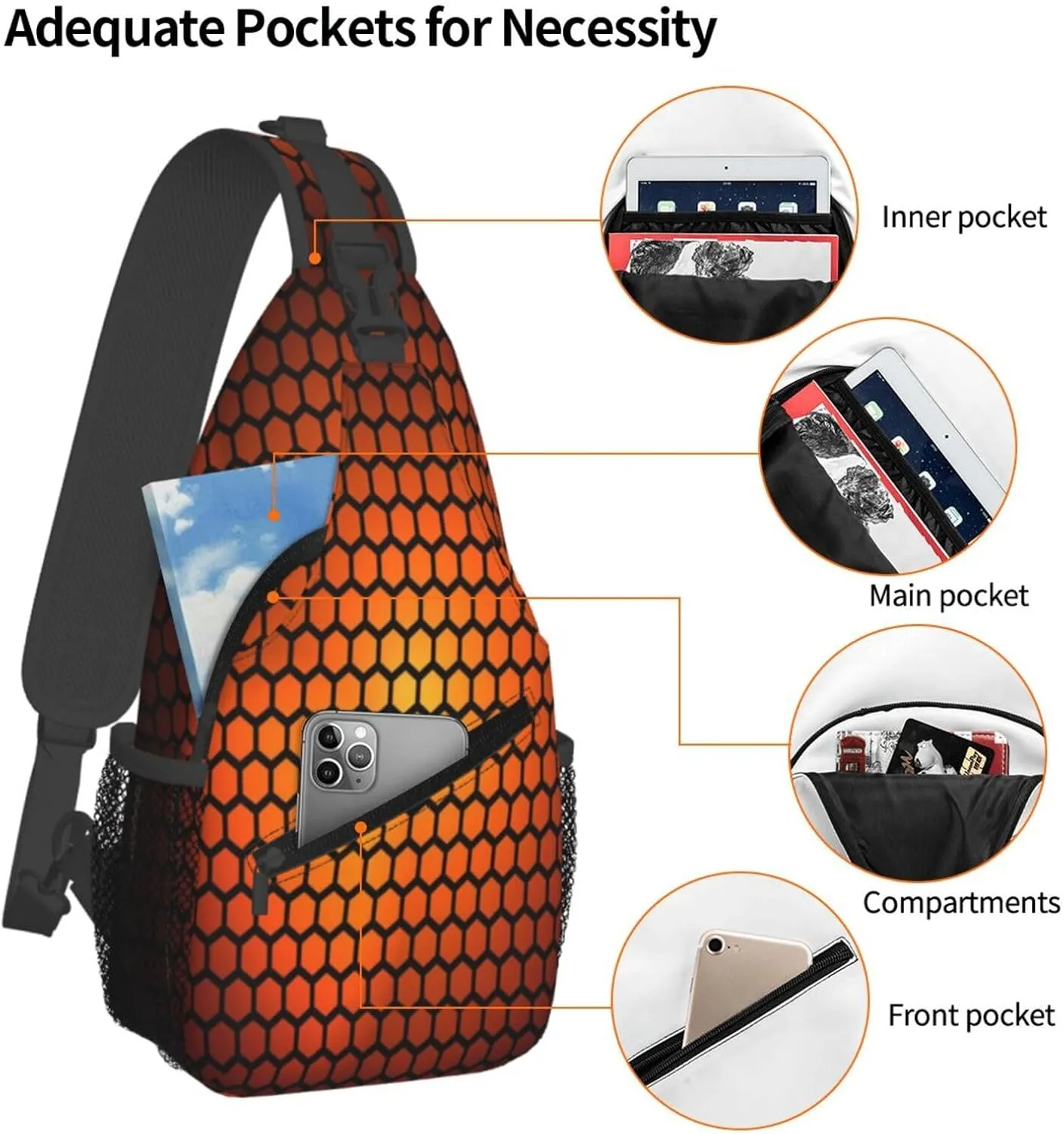 Crossbody Sling Bag for Men Women, Hexagonal Orange Sling Backpack Shoulder Chest Bag, Anti Theft Travel Hiking Daypacks