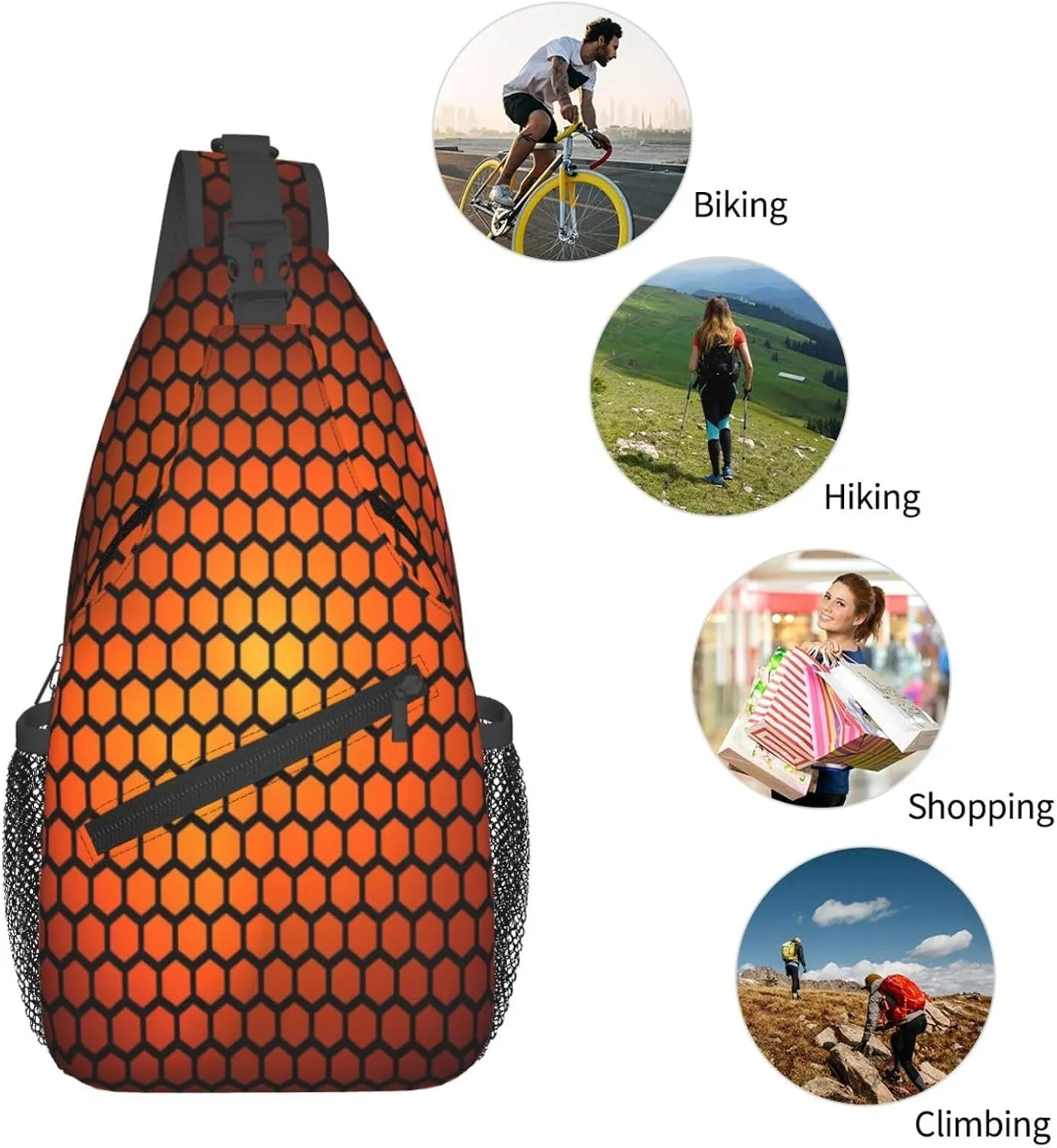 Crossbody Sling Bag for Men Women, Hexagonal Orange Sling Backpack Shoulder Chest Bag, Anti Theft Travel Hiking Daypacks
