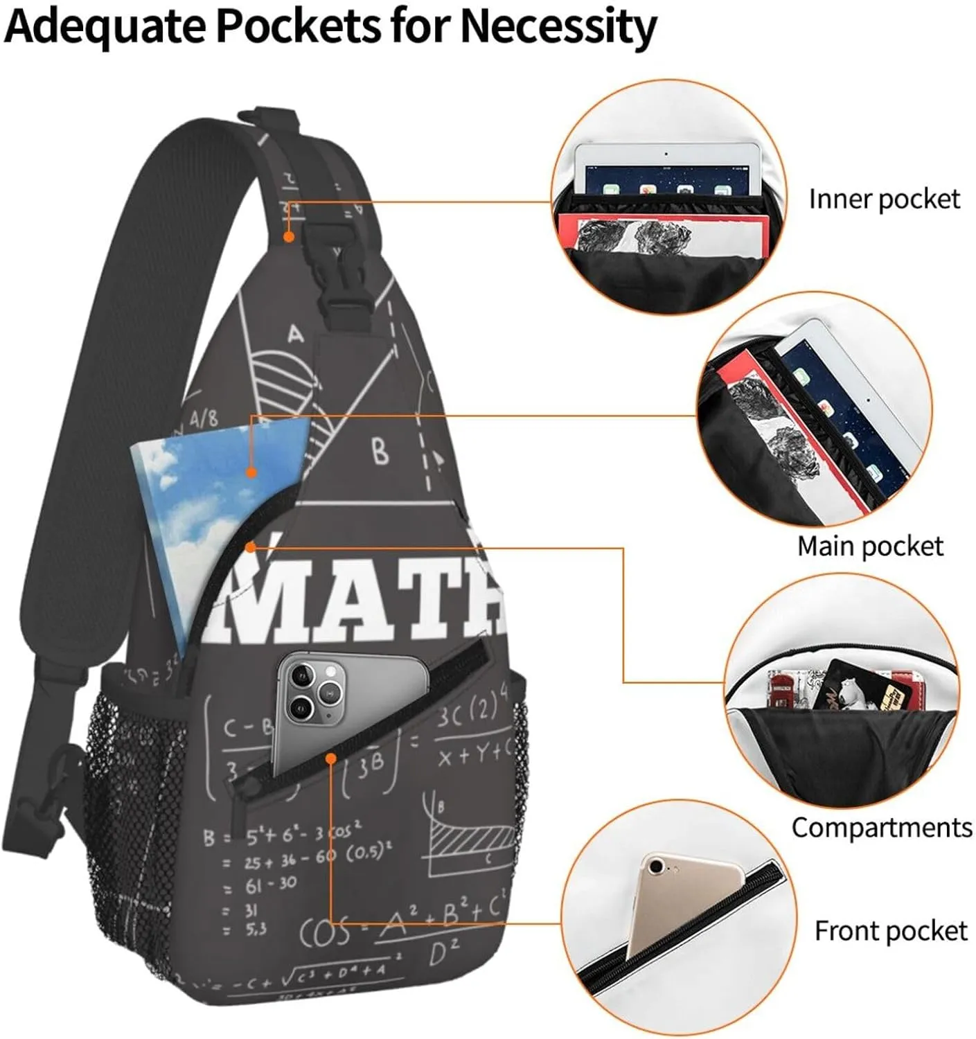 Crossbody Sling Bag for Men Women, Math Chalkboard Teach Sling Backpack Shoulder Chest Bag, Anti Theft Travel Hiking Daypacks
