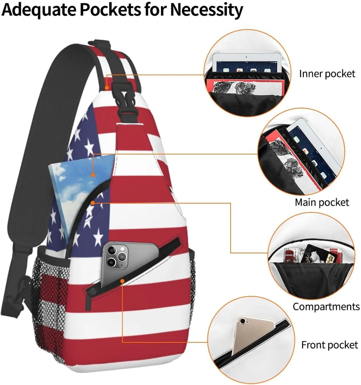 Crossbody Sling Bag for Men Women, Usa Flag Sling Backpack Shoulder Chest Bag, Anti Theft Travel Hiking Daypacks