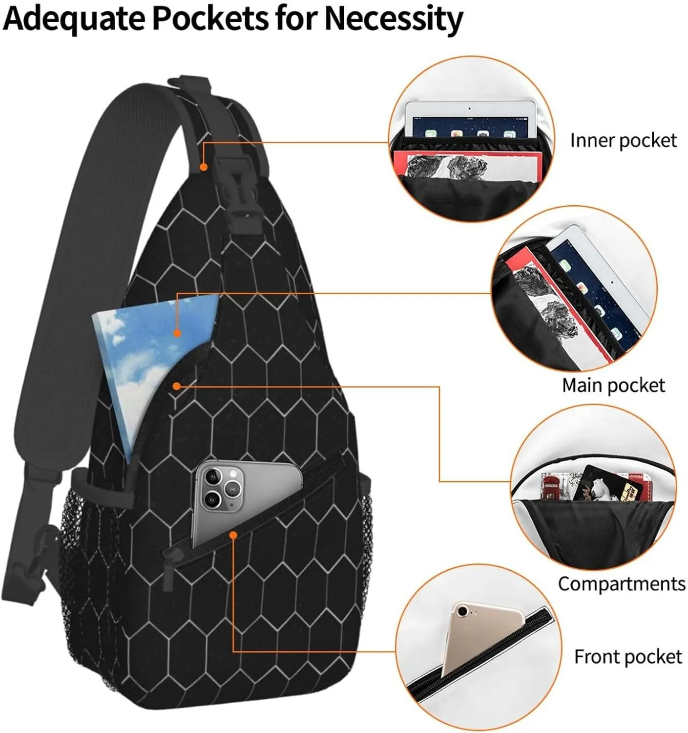 Crossbody Sling Bag for Men Women, White Hexagonal Sling Backpack Shoulder Chest Bag, Anti Theft Travel Hiking Daypacks