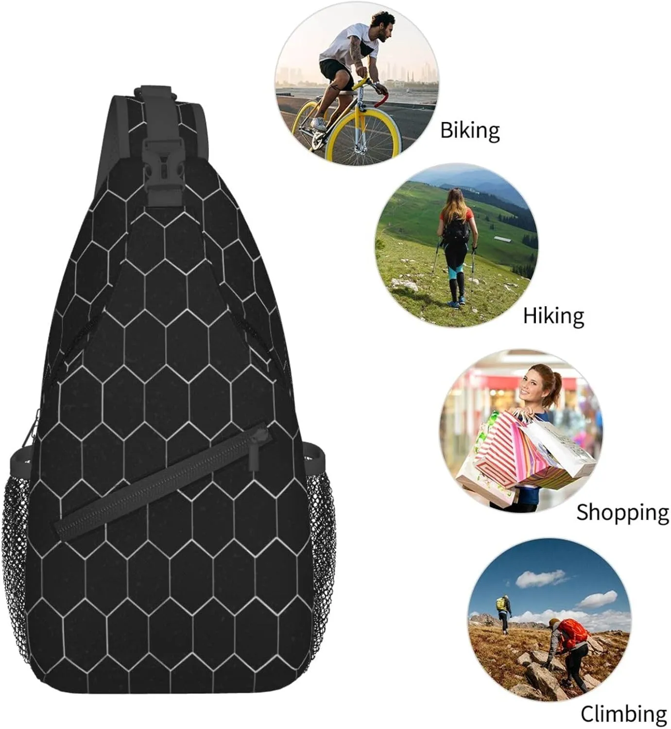 Crossbody Sling Bag for Men Women, White Hexagonal Sling Backpack Shoulder Chest Bag, Anti Theft Travel Hiking Daypacks