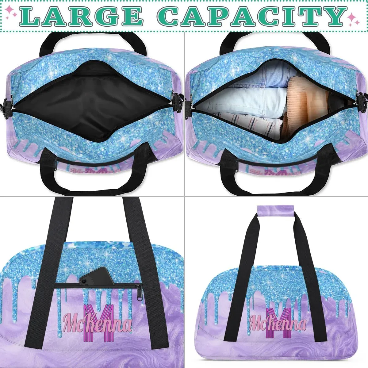 Custom Bag Name Duffel Bag Sports Dance Bags Travel Sports Gym Bag for Women, Large Dance Workout Bag for Dancers, Lake Blue Glittering with Light Purple Sand Texture