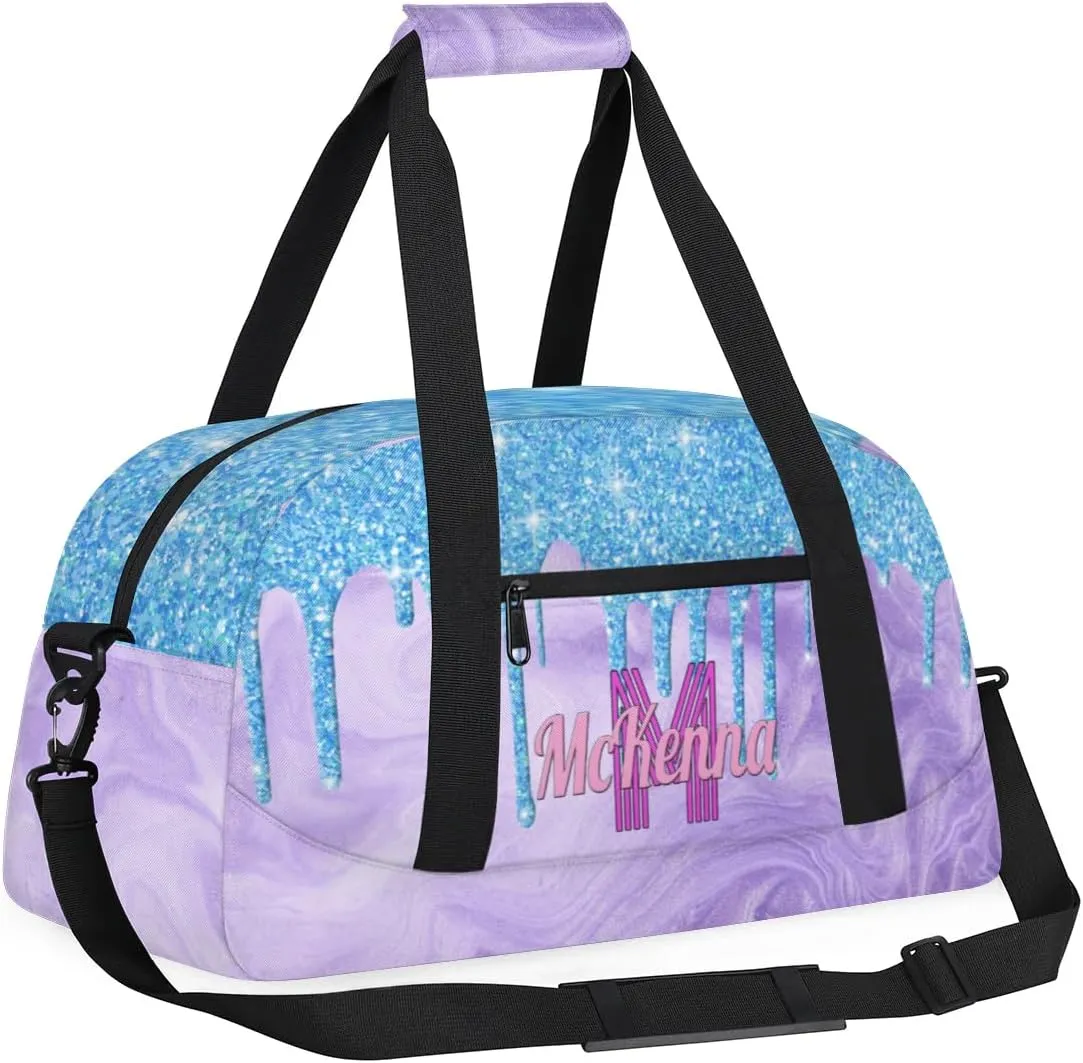 Custom Bag Name Duffel Bag Sports Dance Bags Travel Sports Gym Bag for Women, Large Dance Workout Bag for Dancers, Lake Blue Glittering with Light Purple Sand Texture