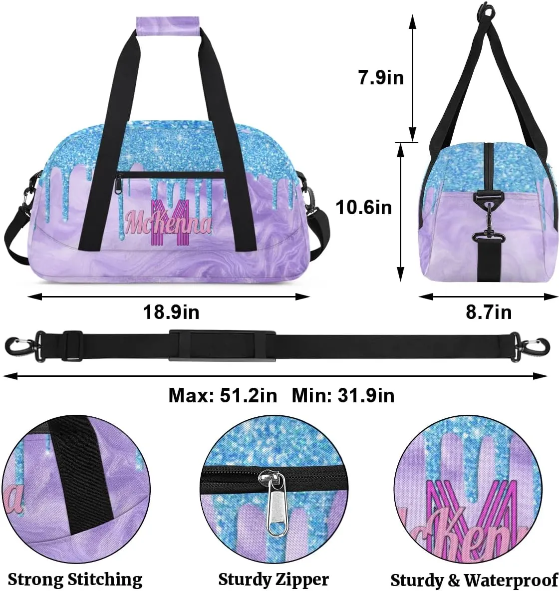 Custom Bag Name Duffel Bag Sports Dance Bags Travel Sports Gym Bag for Women, Large Dance Workout Bag for Dancers, Lake Blue Glittering with Light Purple Sand Texture
