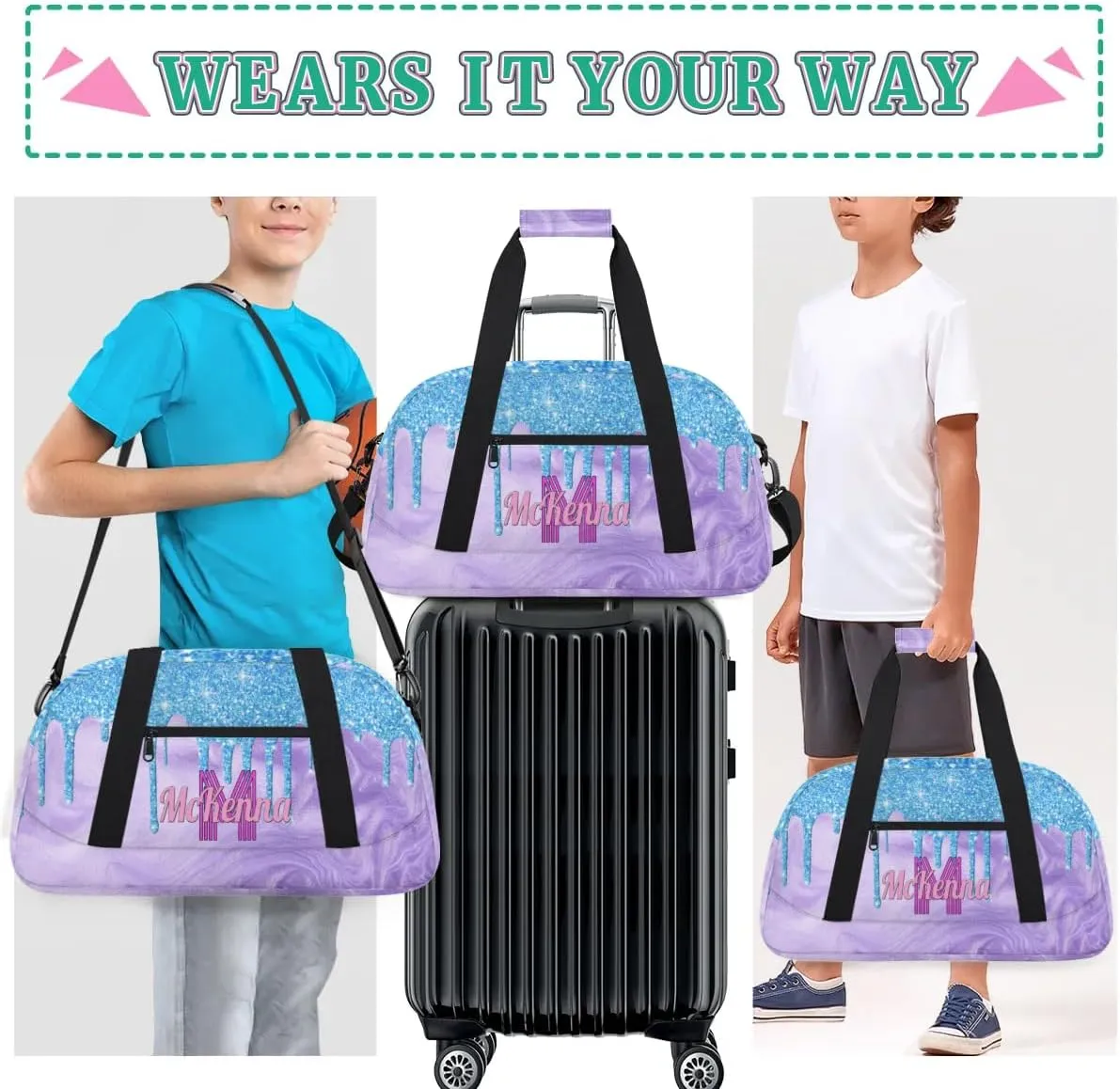 Custom Bag Name Duffel Bag Sports Dance Bags Travel Sports Gym Bag for Women, Large Dance Workout Bag for Dancers, Lake Blue Glittering with Light Purple Sand Texture