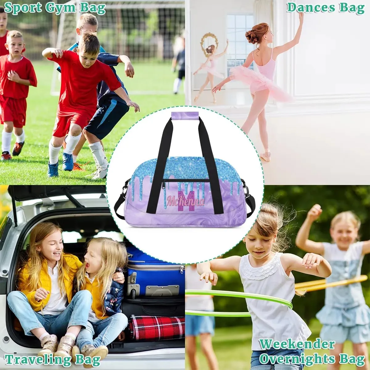 Custom Bag Name Duffel Bag Sports Dance Bags Travel Sports Gym Bag for Women, Large Dance Workout Bag for Dancers, Lake Blue Glittering with Light Purple Sand Texture