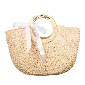 Custom Beach Bag with Name, Personalized Straw Tote Bag for Women with Wooden Handle, Customized Handbag for Wedding Travel, Bridesmaid Gift