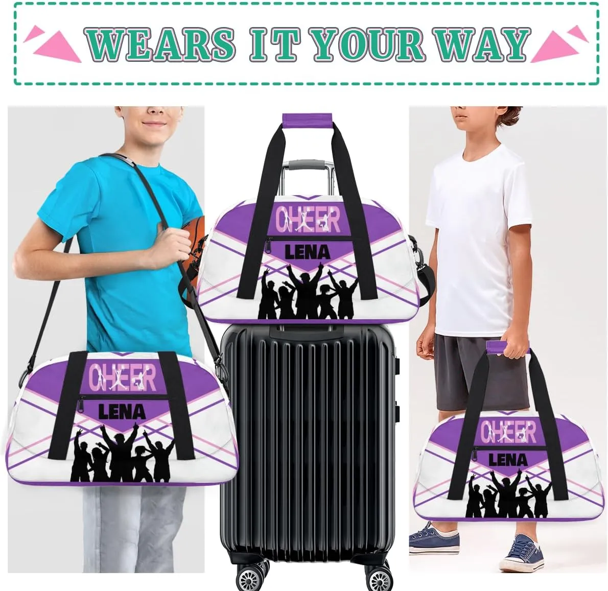 Custom Cheer Bag with Name, Sport Duffle Dance Cheerleader Bag Gym Bag Cheerleading Travel Bag Tote Weekender Bag for Women Travel Business Trip Purple with White Color