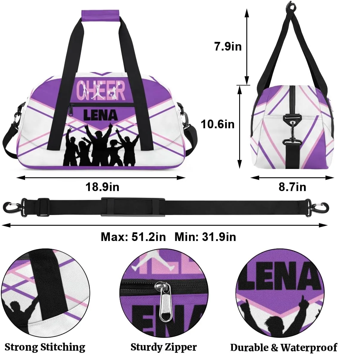Custom Cheer Bag with Name, Sport Duffle Dance Cheerleader Bag Gym Bag Cheerleading Travel Bag Tote Weekender Bag for Women Travel Business Trip Purple with White Color