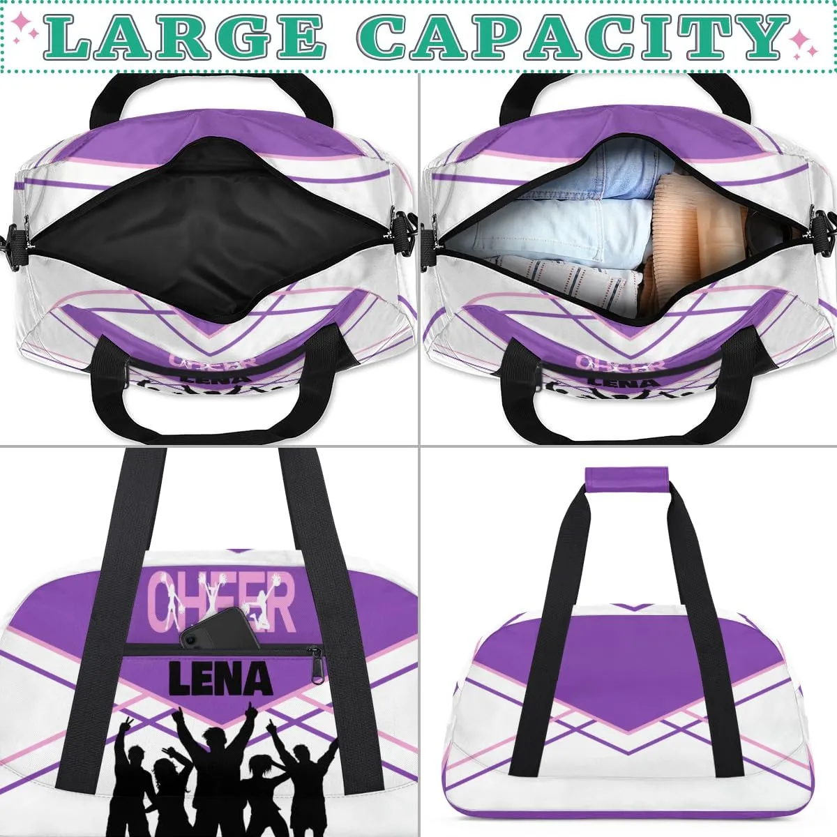 Custom Cheer Bag with Name, Sport Duffle Dance Cheerleader Bag Gym Bag Cheerleading Travel Bag Tote Weekender Bag for Women Travel Business Trip Purple with White Color