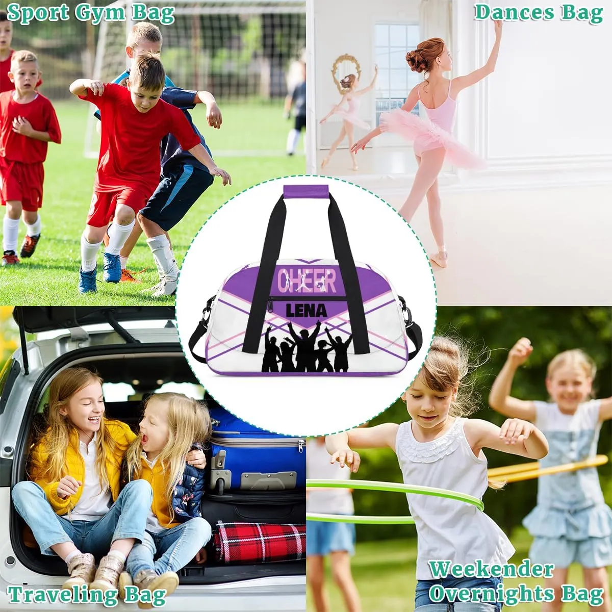 Custom Cheer Bag with Name, Sport Duffle Dance Cheerleader Bag Gym Bag Cheerleading Travel Bag Tote Weekender Bag for Women Travel Business Trip Purple with White Color