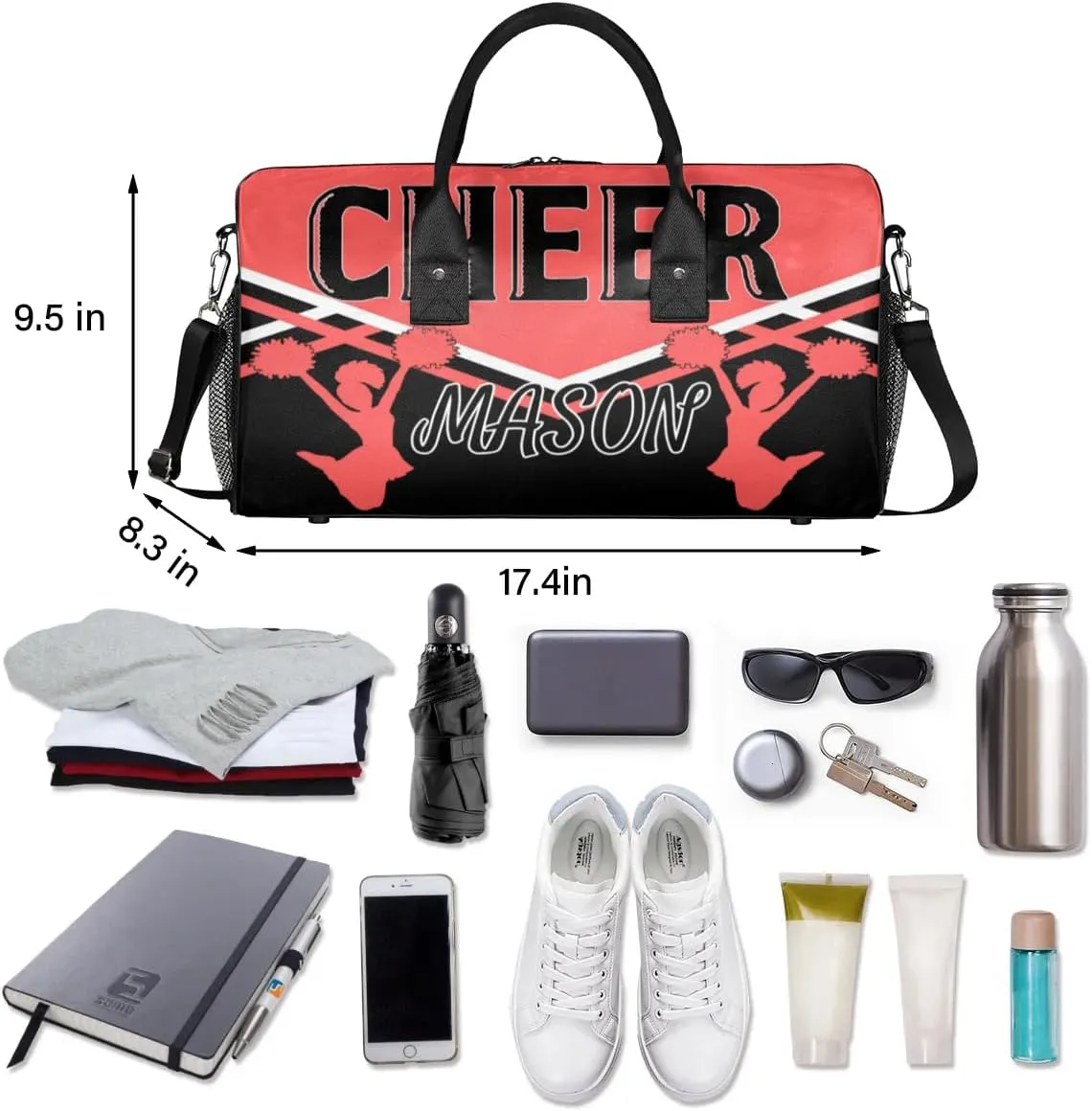 Custom Cheer Bags for Cheerleaders, Personalized Name Sport Gym Duffel Bags, Custom Travel Overnight Weekender Bag Personalized Cheerleading Gifts, Coral Red