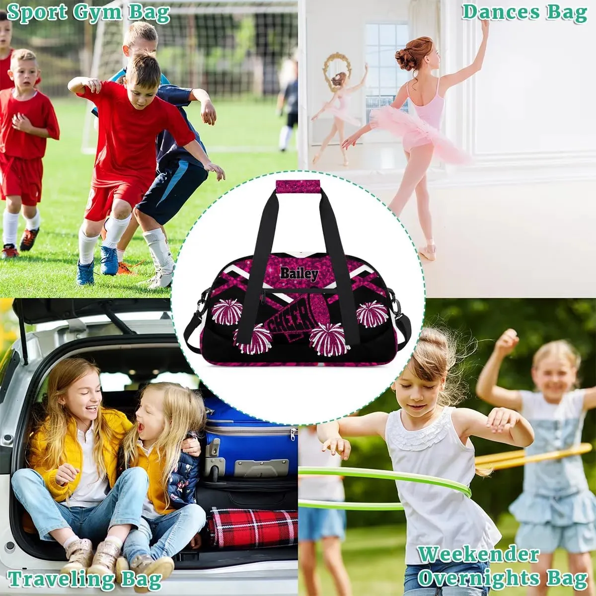 Custom Cheerleading Duffel Bag with Name - Large Gymnastics & Swimming Sports Ballet Bag - Deep Pink Sequins, Shiny with Black