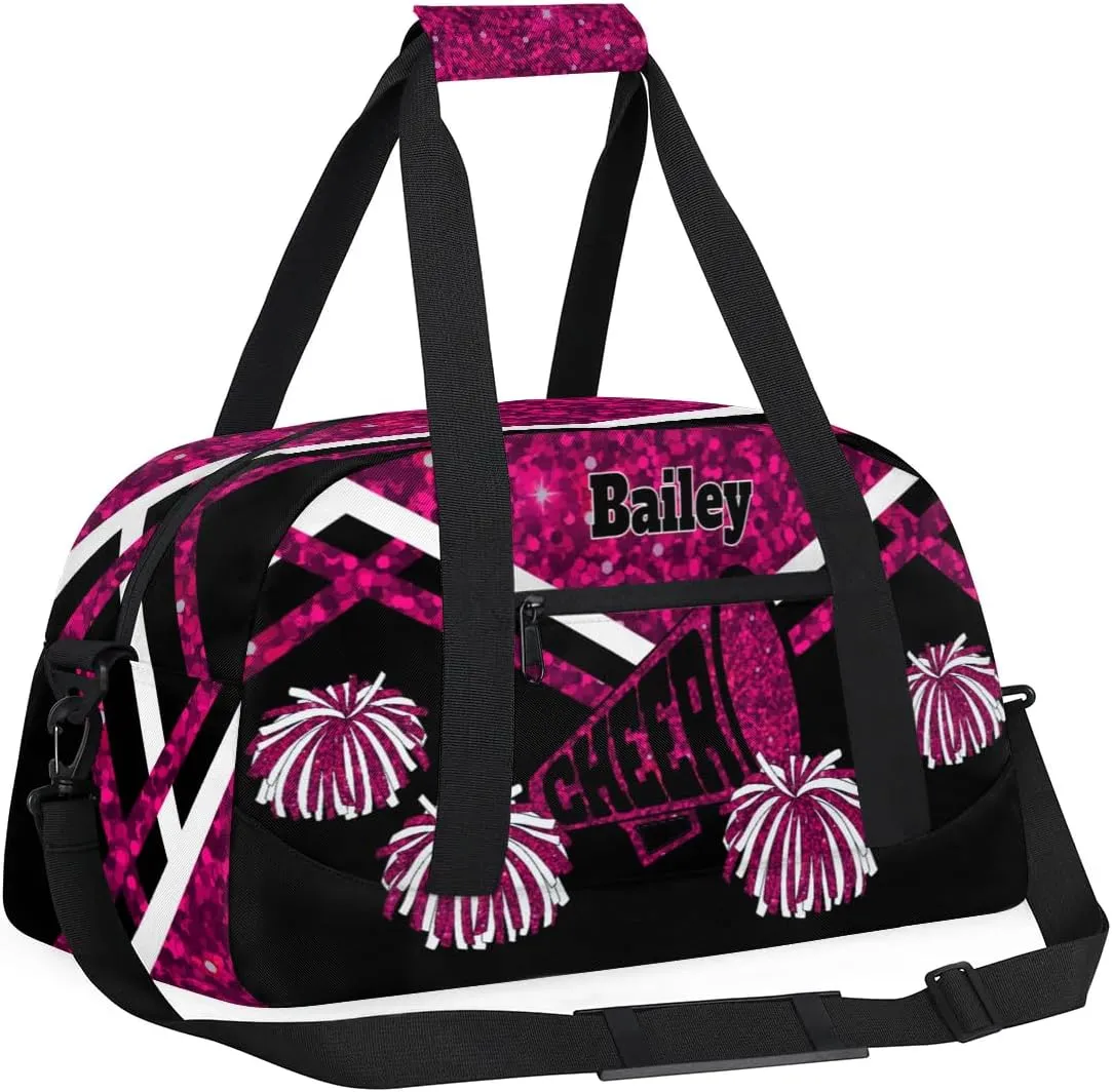 Custom Cheerleading Duffel Bag with Name - Large Gymnastics & Swimming Sports Ballet Bag - Deep Pink Sequins, Shiny with Black