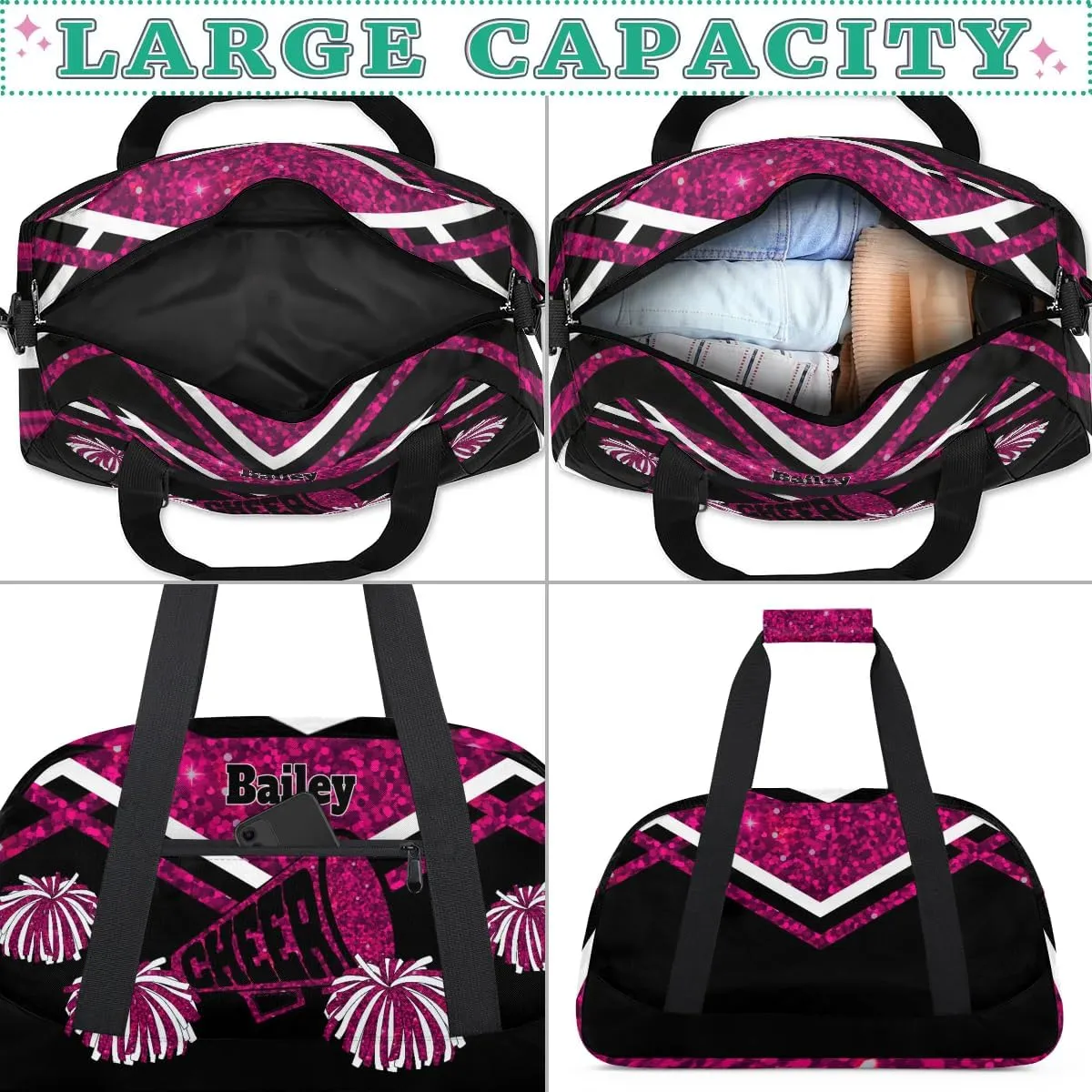 Custom Cheerleading Duffel Bag with Name - Large Gymnastics & Swimming Sports Ballet Bag - Deep Pink Sequins, Shiny with Black