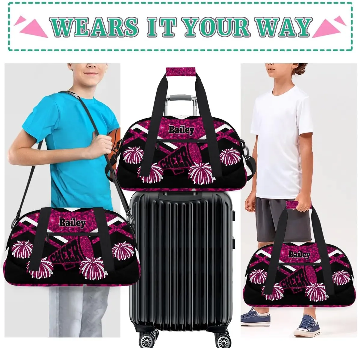 Custom Cheerleading Duffel Bag with Name - Large Gymnastics & Swimming Sports Ballet Bag - Deep Pink Sequins, Shiny with Black