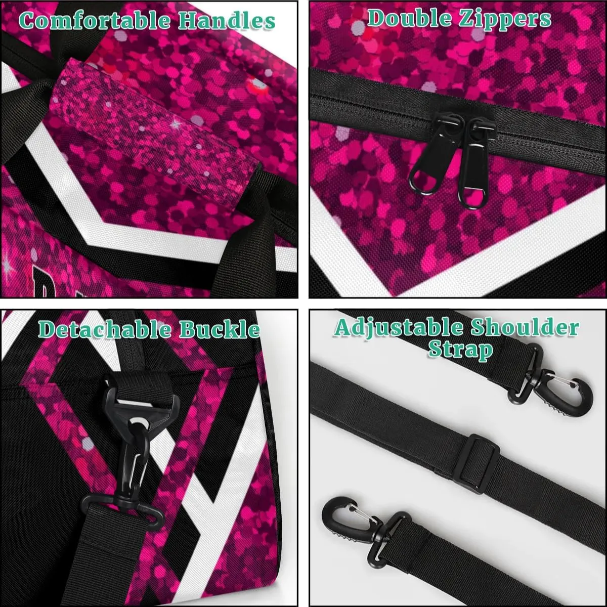 Custom Cheerleading Duffel Bag with Name - Large Gymnastics & Swimming Sports Ballet Bag - Deep Pink Sequins, Shiny with Black