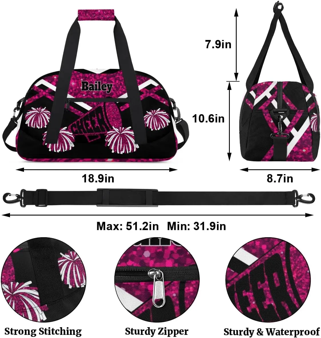Custom Cheerleading Duffel Bag with Name - Large Gymnastics & Swimming Sports Ballet Bag - Deep Pink Sequins, Shiny with Black