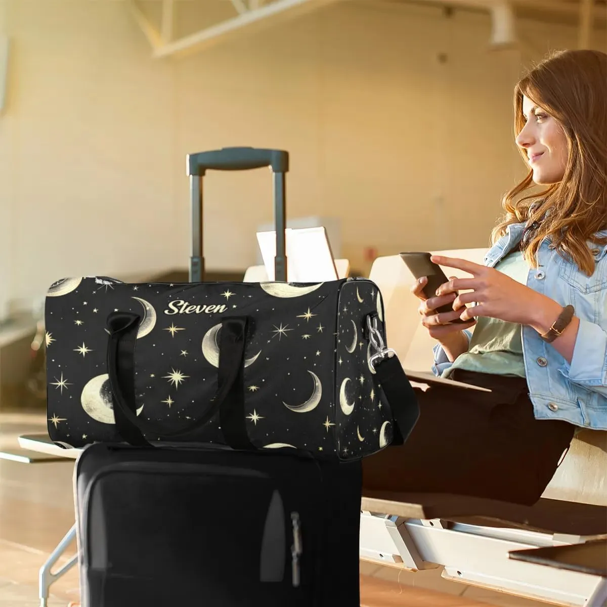 Custom-Duffel-Bag for Men Women Small-Overnight-Bag Moon Black Weekender Luggage Bag