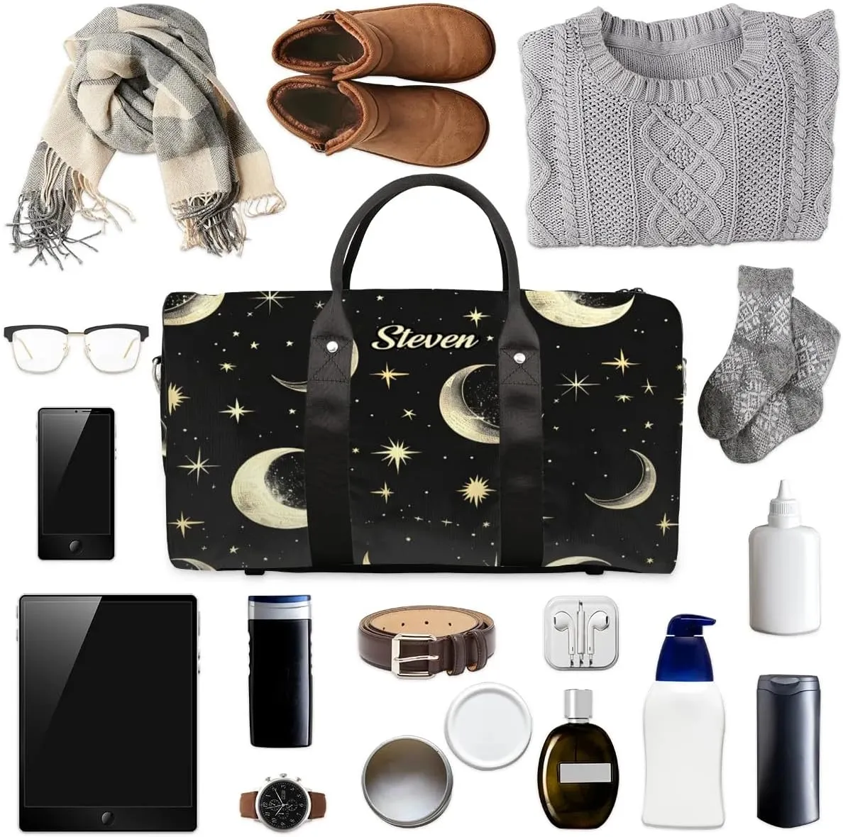 Custom-Duffel-Bag for Men Women Small-Overnight-Bag Moon Black Weekender Luggage Bag
