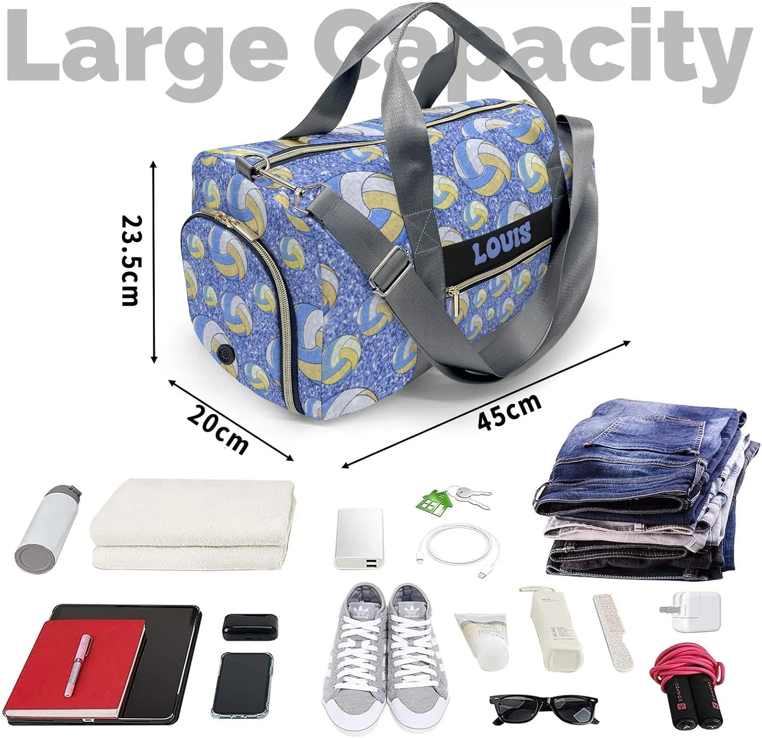 Custom Duffel Bag Sports Sport Volleyball Blue Gym Bag Personalized Travel Carry on Bag